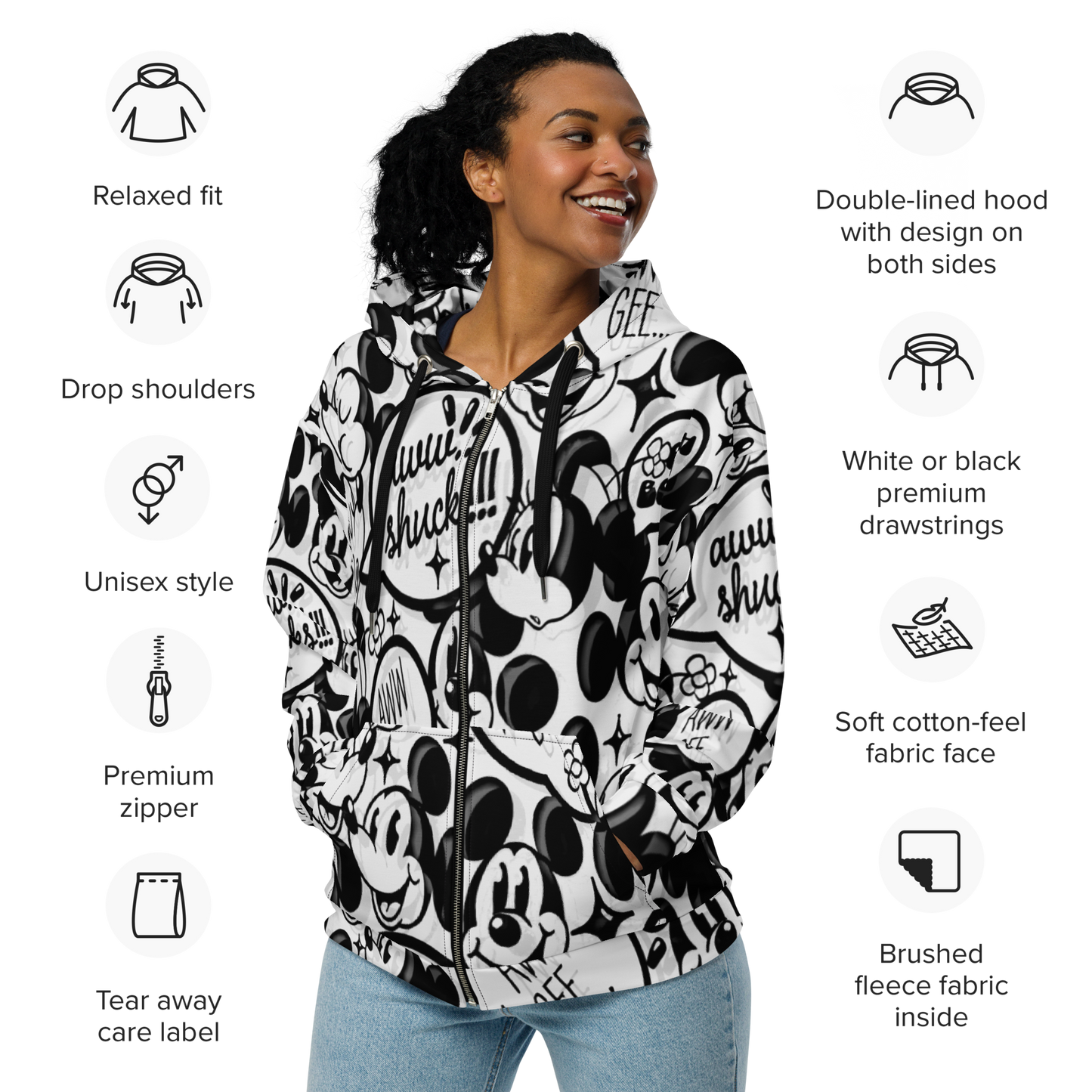 Mickey-Mouse and Minnie-Mouse Designer Zip Hoodie | Eco-Friendly