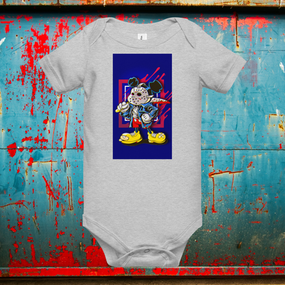 Designer Mickey-Mouse as Jason from Friday the 13th Baby Short Sleeve One Piece | Available in Multiple Colors | Design on Front & Back