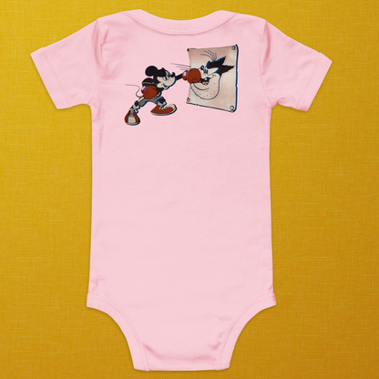 Vintage Style Designer Mickey-Mouse, Minnie-Mouse, and Pete Baby Short Sleeve One Piece | Available in Multiple Colors | Design on Front & Back