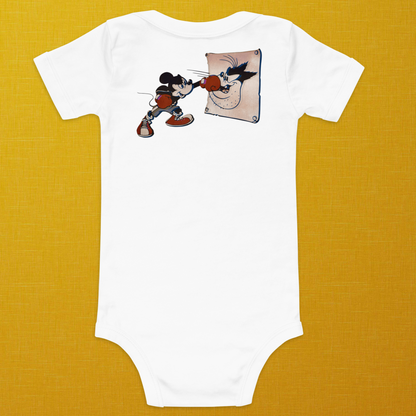 Vintage Style Designer Mickey-Mouse, Minnie-Mouse, and Pete Baby Short Sleeve One Piece | Available in Multiple Colors | Design on Front & Back