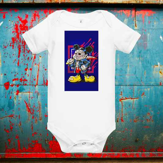 Designer Mickey-Mouse as Jason from Friday the 13th Baby Short Sleeve One Piece | Available in Multiple Colors | Design on Front & Back