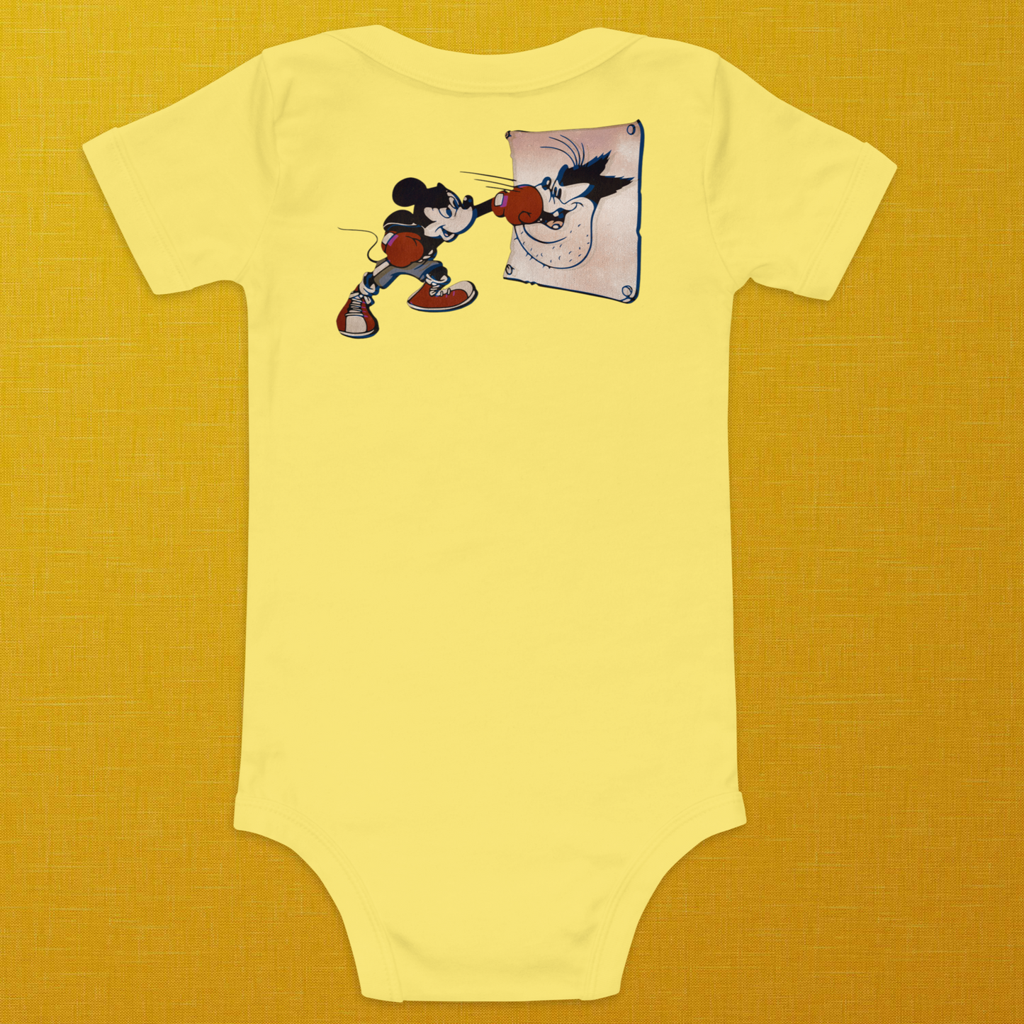 Vintage Style Designer Mickey-Mouse, Minnie-Mouse, and Pete Baby Short Sleeve One Piece | Available in Multiple Colors | Design on Front & Back