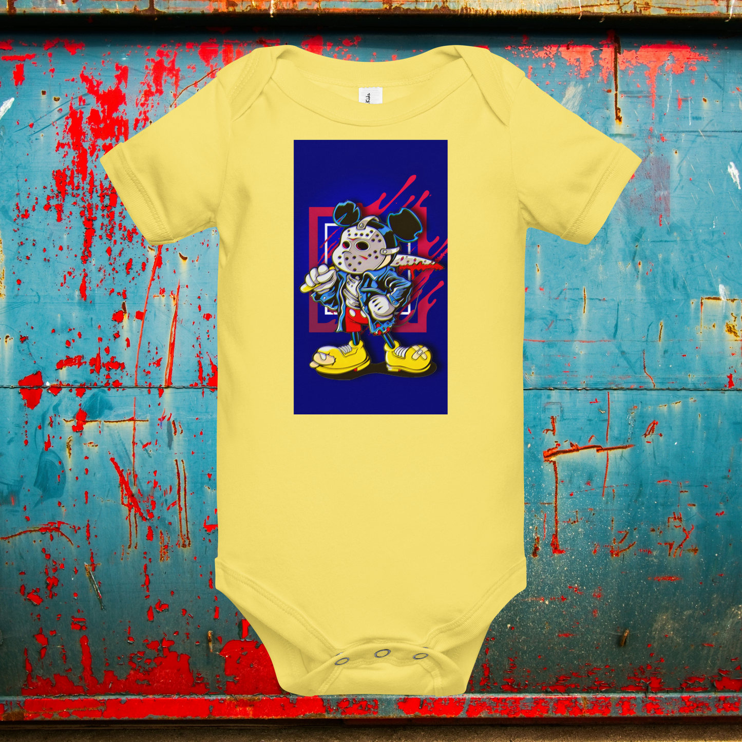 Designer Mickey-Mouse as Jason from Friday the 13th Baby Short Sleeve One Piece | Available in Multiple Colors | Design on Front & Back