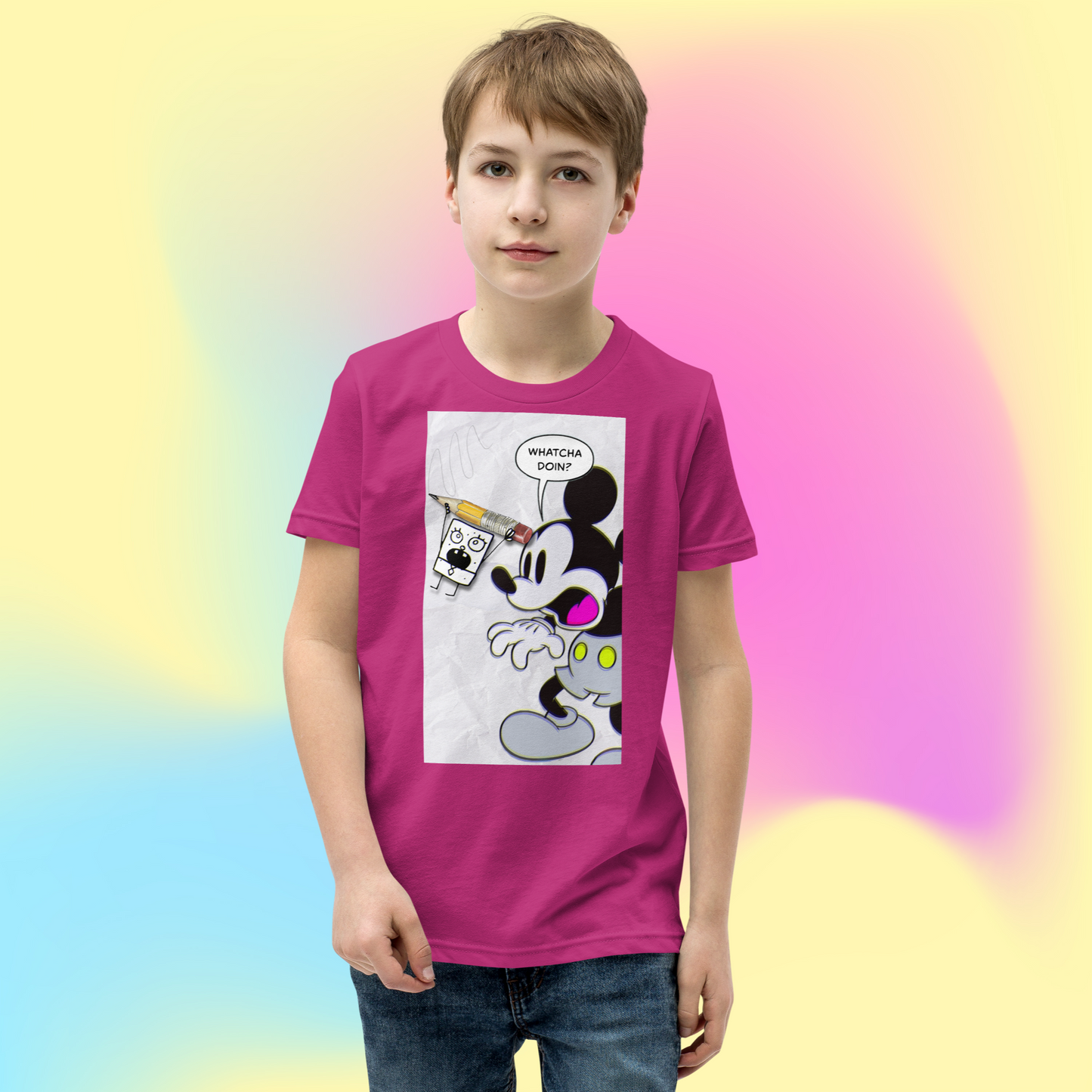 Designer Mickey-Mouse and Doodlebob Youth Short Sleeve T-Shirt | Available in Multiple Colors  | Design on Front & Back