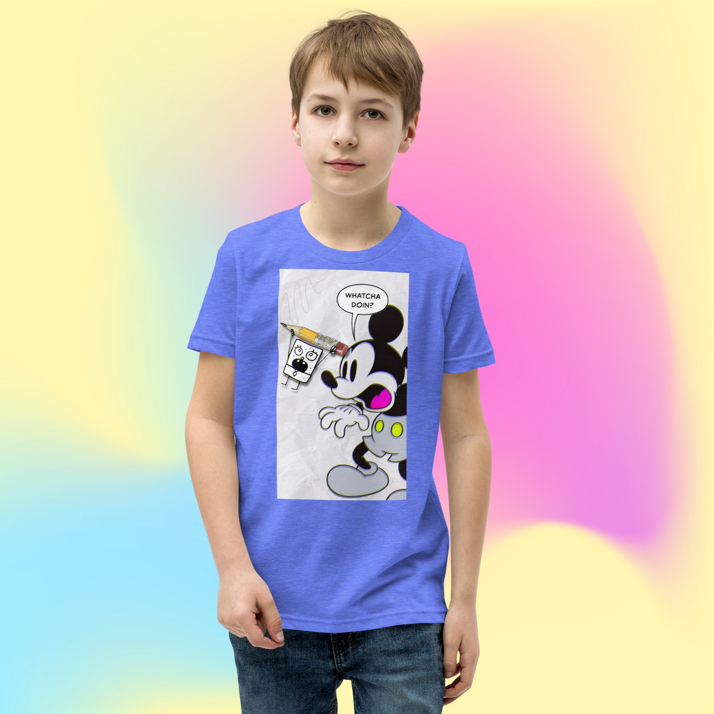 Designer Mickey-Mouse and Doodlebob Youth Short Sleeve T-Shirt | Available in Multiple Colors  | Design on Front & Back