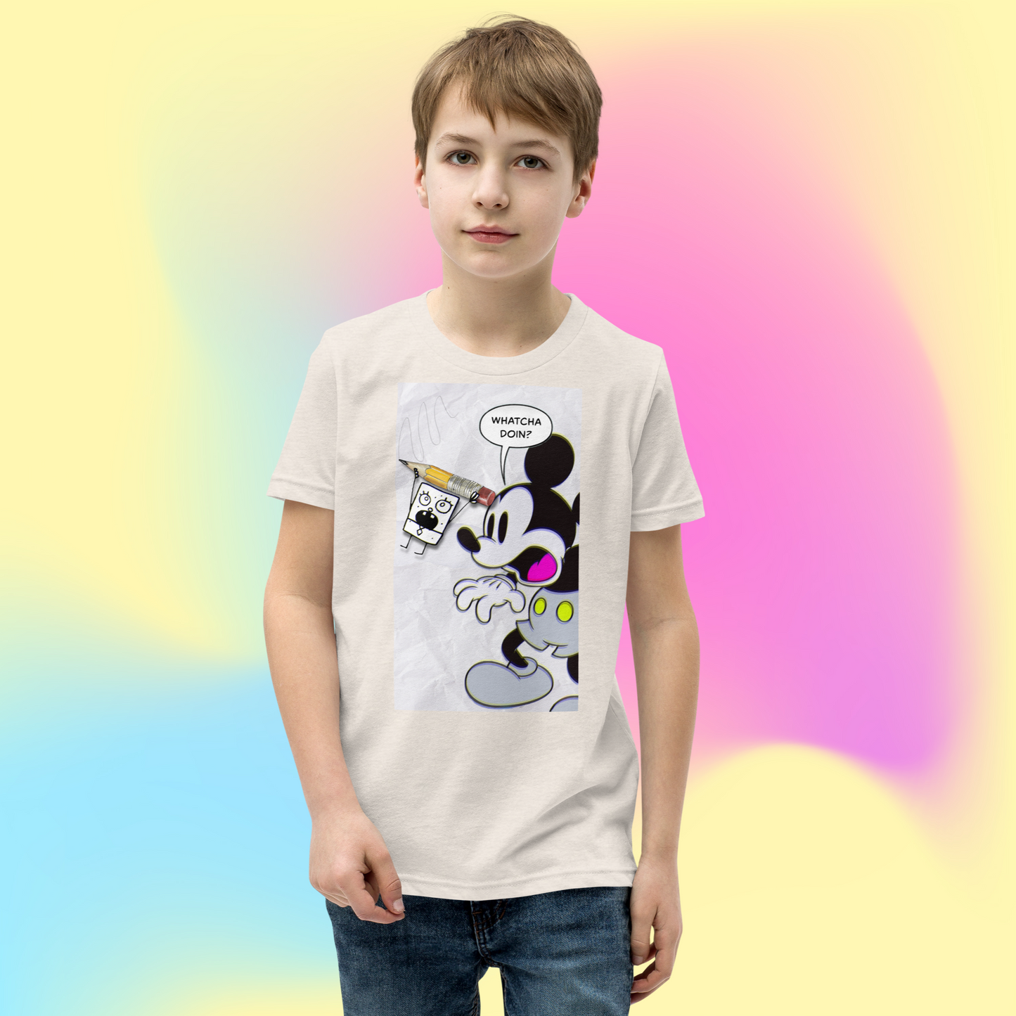 Designer Mickey-Mouse and Doodlebob Youth Short Sleeve T-Shirt | Available in Multiple Colors  | Design on Front & Back