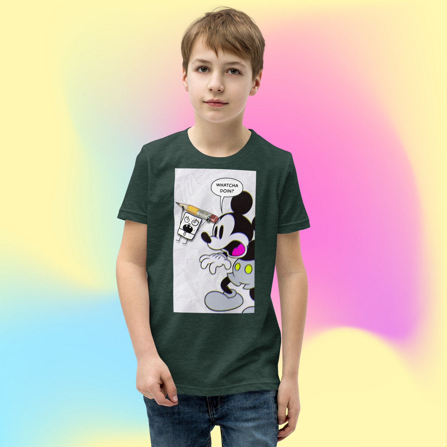 Designer Mickey-Mouse and Doodlebob Youth Short Sleeve T-Shirt | Available in Multiple Colors  | Design on Front & Back