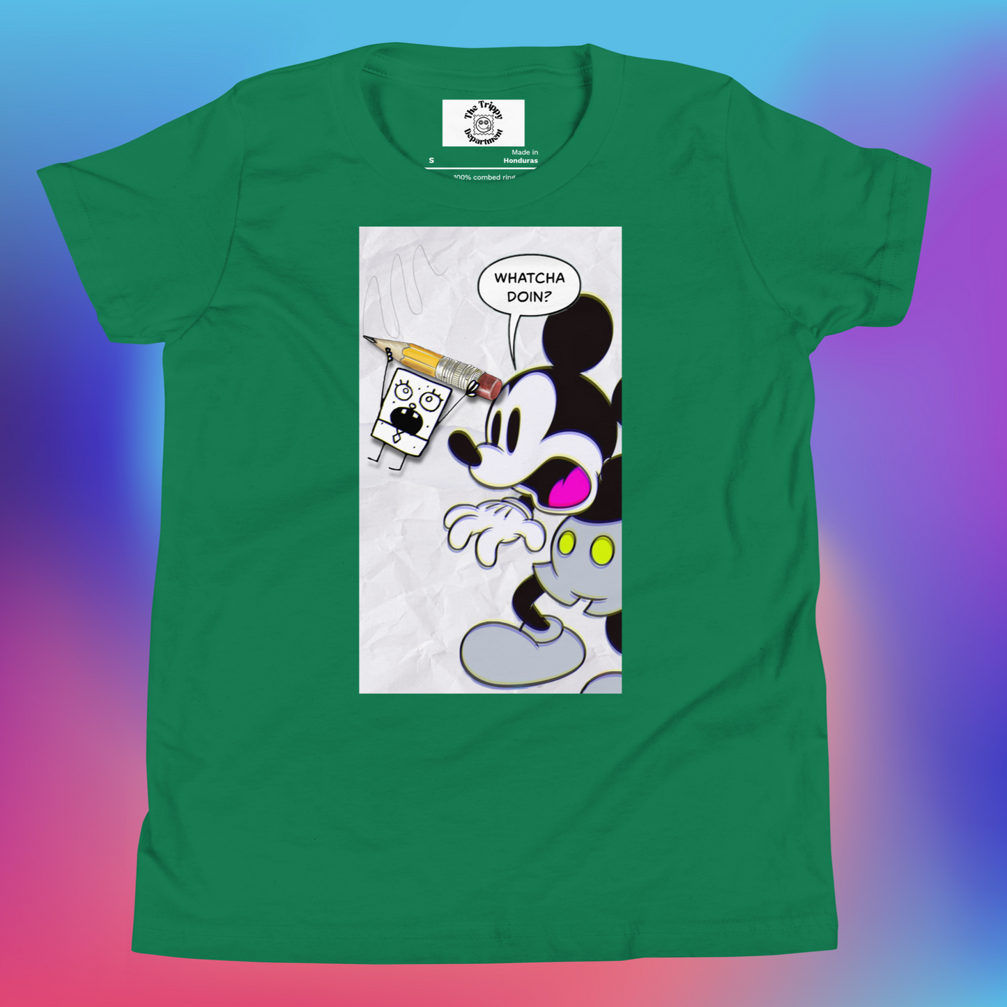 Designer Mickey-Mouse and Doodlebob Youth Short Sleeve T-Shirt | Available in Multiple Colors  | Design on Front & Back