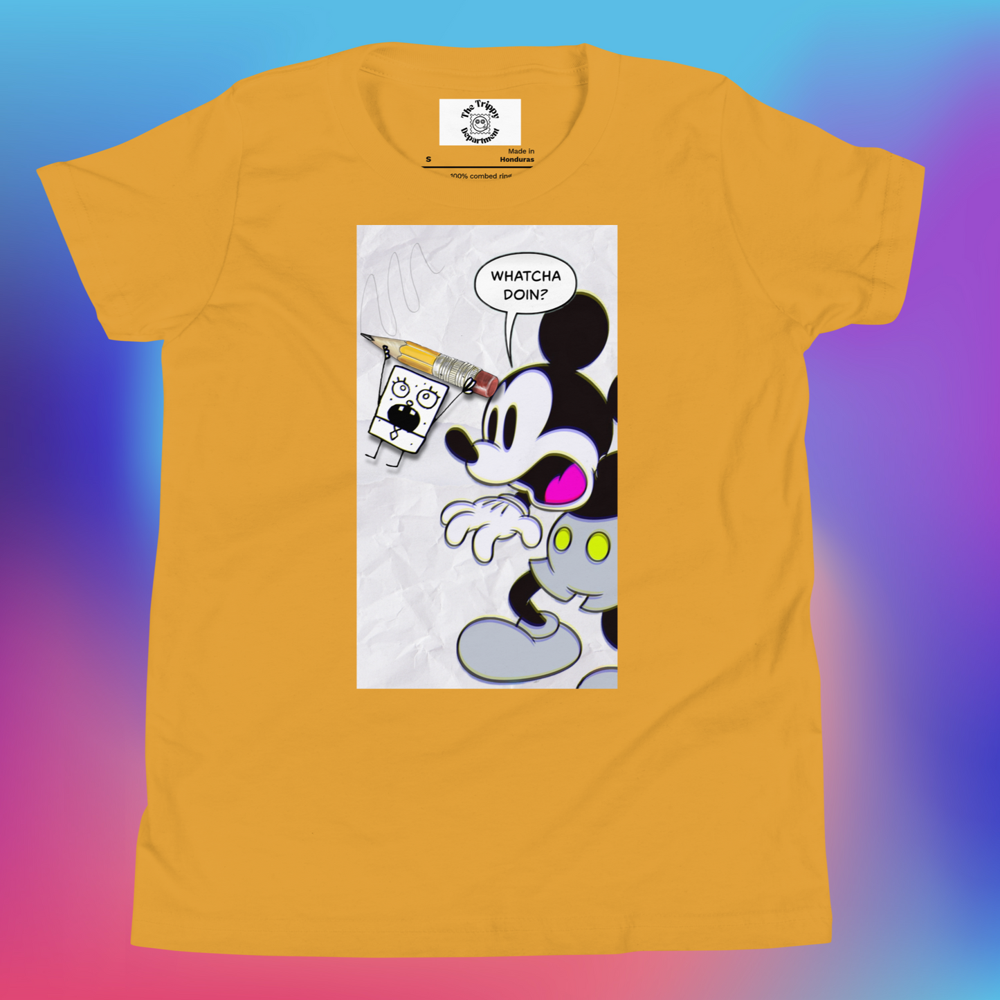 Designer Mickey-Mouse and Doodlebob Youth Short Sleeve T-Shirt | Available in Multiple Colors  | Design on Front & Back