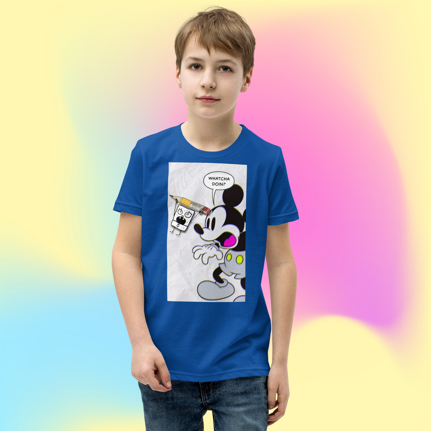 Designer Mickey-Mouse and Doodlebob Youth Short Sleeve T-Shirt | Available in Multiple Colors  | Design on Front & Back