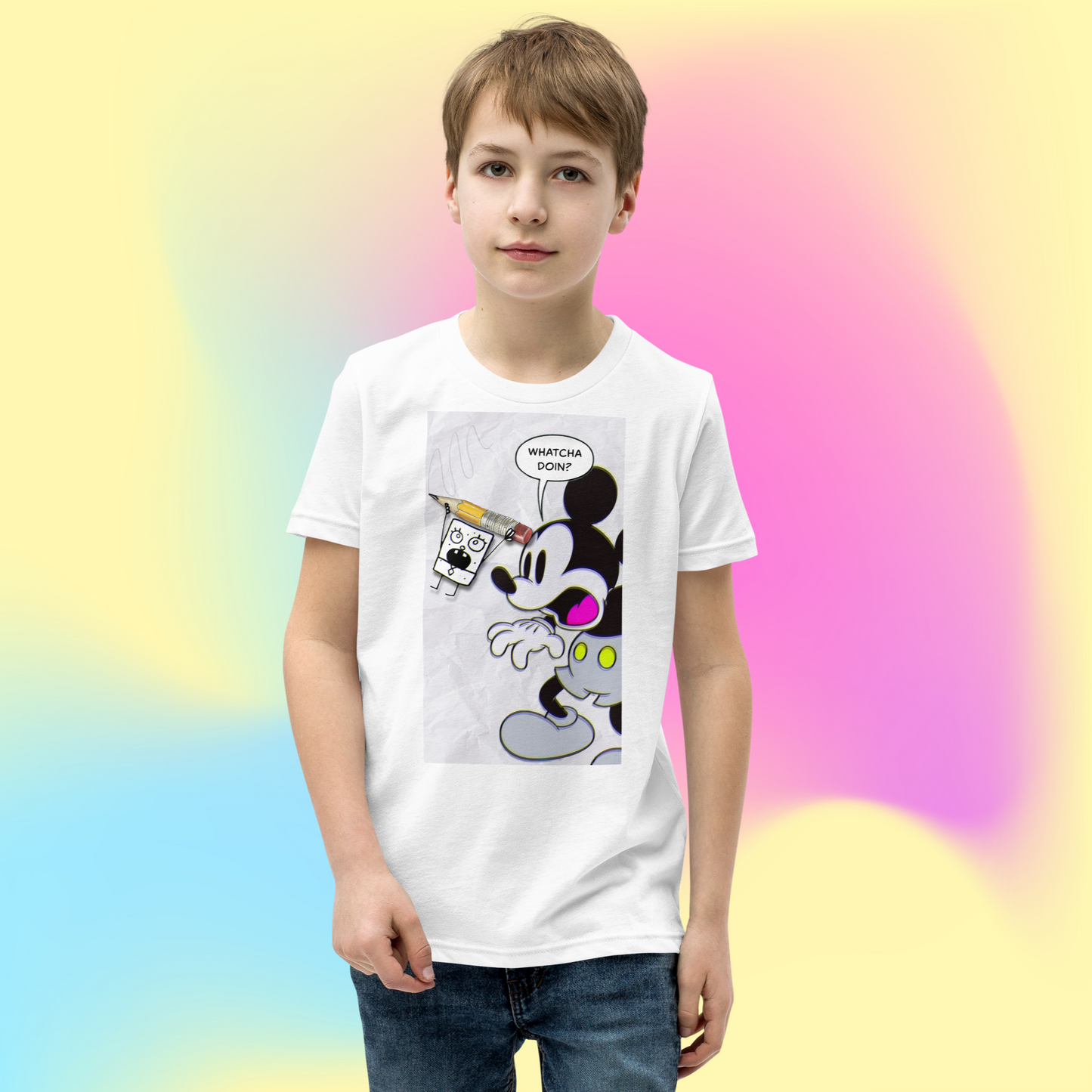 Designer Mickey-Mouse and Doodlebob Youth Short Sleeve T-Shirt | Available in Multiple Colors  | Design on Front & Back