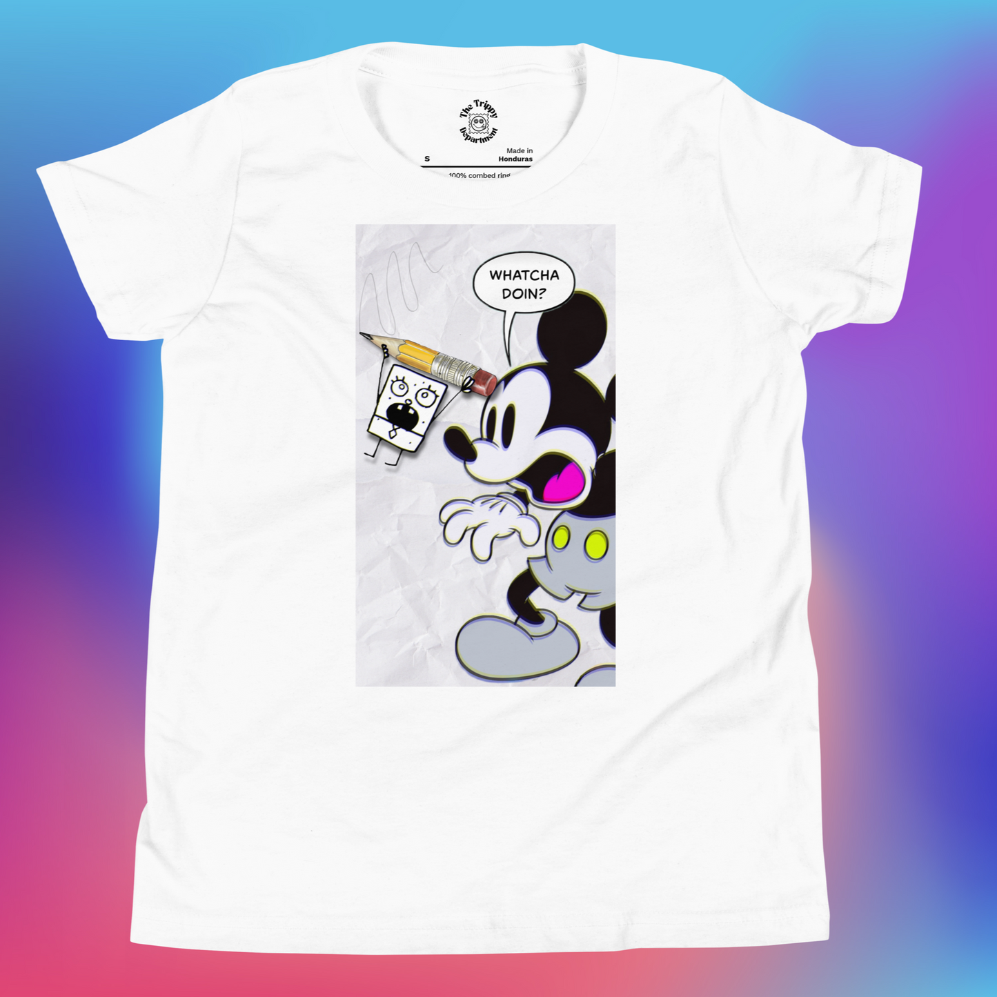 Designer Mickey-Mouse and Doodlebob Youth Short Sleeve T-Shirt | Available in Multiple Colors  | Design on Front & Back